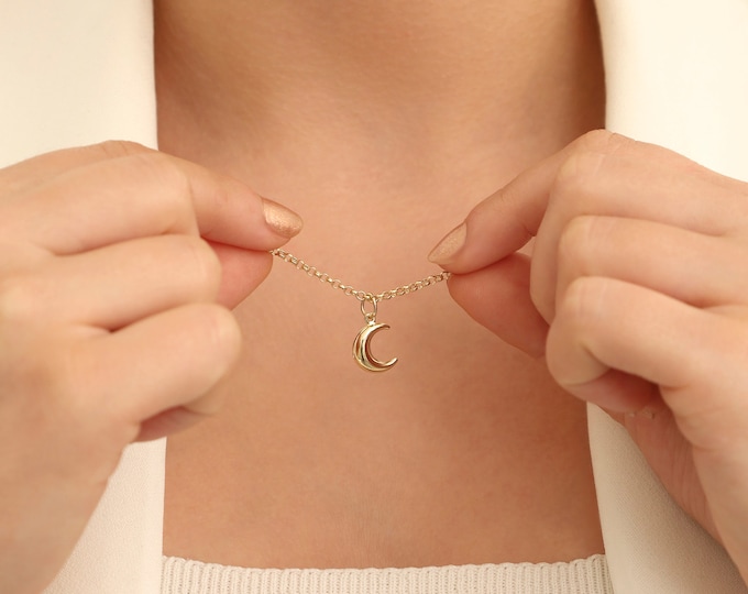 14k Gold Rolo Chain w/Half Moon Pendant | Dainty Celestical Charm, Stackable Daily Necklace, Christmas Gift, Special Day Gift, Gift for Her