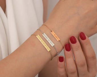 14k Gold Name Plate Bracelet | Engraved Personalized Bar Charm Jewelry