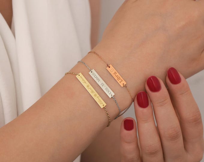 Gold Name Plate Bracelet | 10k&14k Engraved Name, Date, Icon Plate Bracelet, Simple Gift Idea, Personal Gift, Gift for Children and Kids