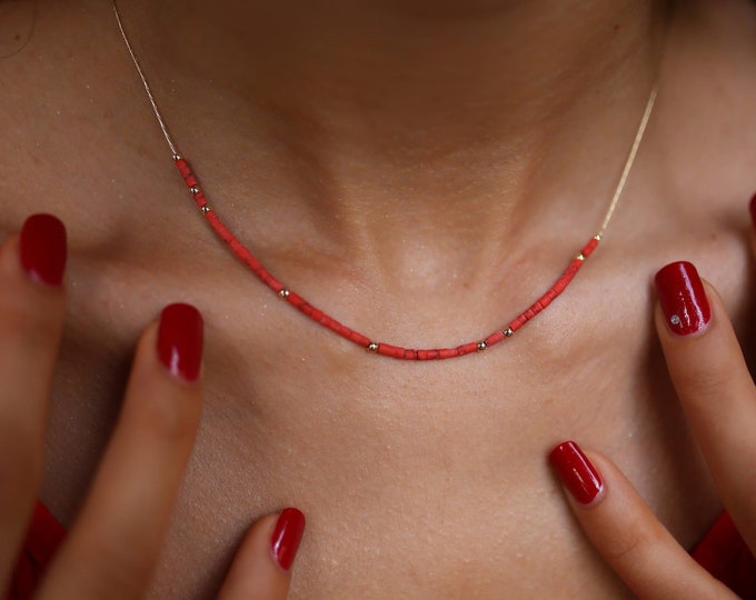 Natural Coral Beaded Necklace 14k Solid Gold | Real Red Coral Necklace, Natural Stone Jewelry, Layering Necklace, Gift for Her, Mom Gift