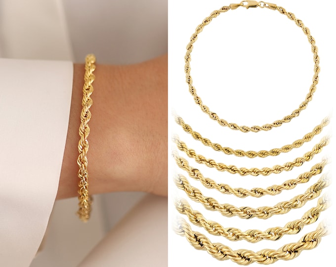 14k Gold 4mm Vintage Design Rope Chain Bracelet | Retro Unisex Twisted Chain Bracelet, Fashionable Fine Jewelry, Gift for Him, Gift for Her