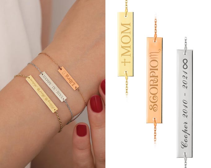 14k/10k Gold Personalized Bar Bracelet | Engraved Name, Date, Icon Plate Bracelet, Simple Gift Idea, Personal Gift, Gift for Children & Kids