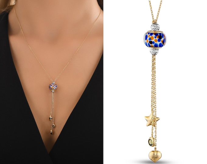 Murano Glass Jewelry Necklace | Glass Art Dangle Neck Drop Style 14k Gold Necklace, Heart Star Embedded Gem Charms, Valentine's Day Gift