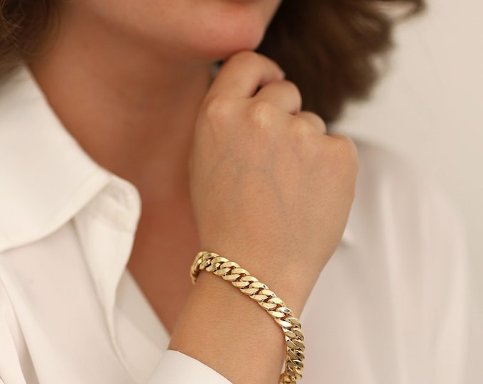 Heavy Cuban Chain w/ Sailor Lock Bracelet | 14k Gold 8,5mm Thick Curb , Gold Chunky Miami Chain, Herringbone snake Jewelry | Gift for Her
