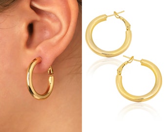 14K Gold Thick Hoop Earrings | Sturdy-Fashionable Jewel, Chunky Earrings, Daily Use Jewelry, Chic Design, Graduation Gift, Gift for Daughter