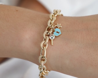 14k Gold Key and Lock Charm Bracelet | Star Padlock Chain Jewelry