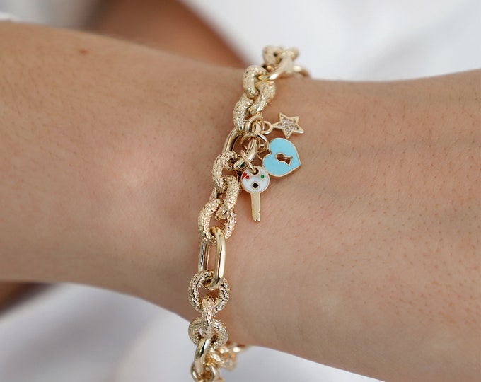 14K Gold Key And Lock Charm Chain Bracelet | Star Bracelet, Key Charm Jewelry, Pink Padlock Charm, Great Gift For Valentine, Gift For Her