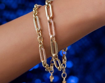 14k Gold Trombone Chain Bracelet | Long Elongated Rectangle Link, Heavy Chunky Chain Jewelry