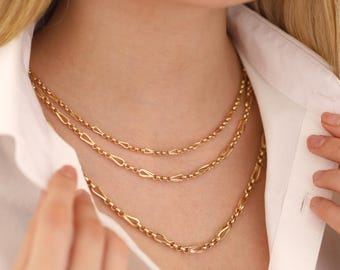 14k Gold Barleycorn & Rolo Chain Necklace | Retro Wheat Link 4mm Layered Design