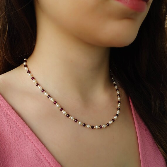 Red Jade \u0026 Pearl Beaded Necklace | Red White Round Ball Bead Gemstone and 14K Carved Gold Balls Beaded Collar Necklace
