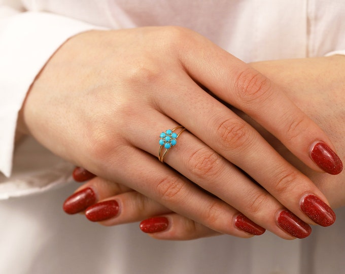 14k Gold Turquoise Hexagon Flower Ring | Handmade Jewelry Set, December Birthstone, Healing Gemstone, Firoza Jewelry, Birthday Gift for Her