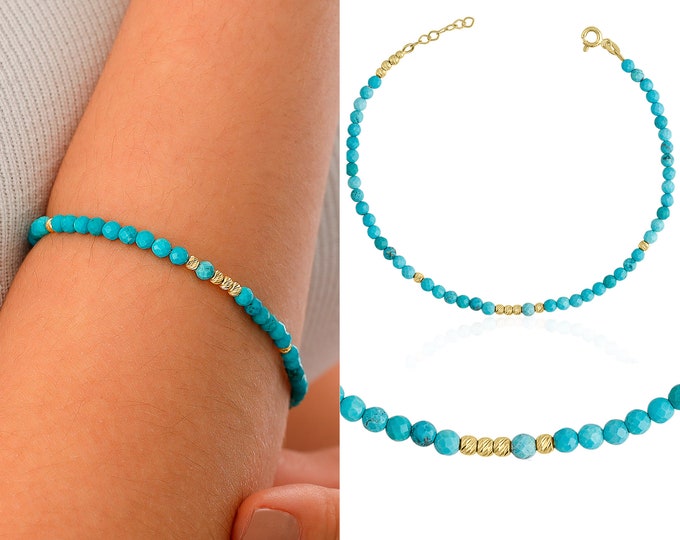 14k Gold Turquoise Stone Bracelet | Natural Stone Bracelet, Aqua Blue Layering Bracelet, December Birthstone, Zodiac Jewelry, Birthday Gift