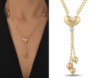 Gold Heart Dangle Neckdrop Necklace | 14k Gold Curb Chain Y Necklace with Gold Balls Triple Dangling Lariat Jewelry, Valentine's Day Gift