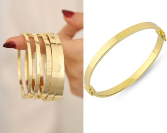 14K Gold Oval Hinged Bangle | 6mm Engraved Bracelet, Straight Bangle, Statement Jewelry, Cuff Bracelet, Fashionable Bangle, Anniversary Gift