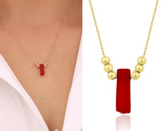 Red Coral Necklace 14k Gold | Branch Coral Irregular Shape Pendant, Unique Shape Natural Stone, Gold Chain, Red Coral, Gift for Her