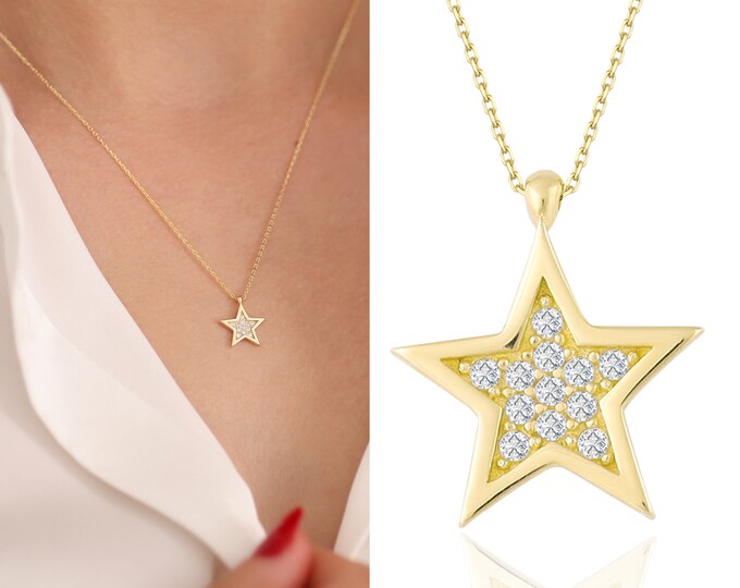 14K Gold Star Charm Necklace W/ CZ | Celestial Jewelry, Sparkley Star Necklace, Eye-Catching Jewelry, Anniversary Gift, Gift For Her