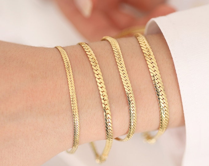 14k Gold 3mm Italian Snake Chain Bracelet | Herringbone Chain, Flat Chain Bracelet, Stacking Bracelet, Chic Jewelry, Graduation Gift for Her