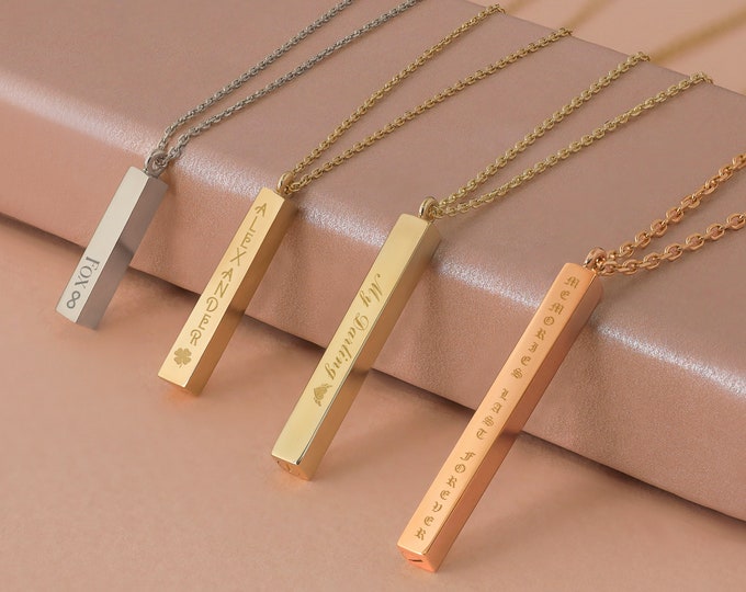 14k Gold Bar Urn Necklace | Cremation Ash Holder Necklace, 3D Vertical Bar Engraved Urn Necklace, Keepsake Pendant for Human Ash & Pet Hair
