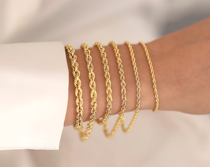 14k Gold 5mm Rope Chain Bracelet | Thin Twisted Chain Bracelet, Dainty Unisex Chain, Elegant Jewelry, Graduation Gift, Gift for Girlfriend