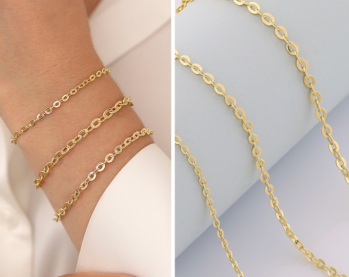 14k Gold 3mm Flat Oval Cable Chain Bracelet | Shiny Cable Chain, Classy Chain Bracelet, Elegant Jewelry, Anniversary Gift, Gift for Women
