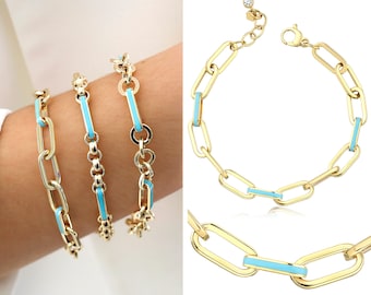 14k Gold Paperclip Bracelet Aqua Blue New Trend! | 8mm Thick Staple Chain, Rectangular Links PaperClip Chain, Chunky Gold Stacking Bracelet
