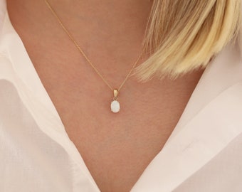 14k Gold White Opal Necklace | Dainty Gemstone Pendant, October Birthstone Jewelry