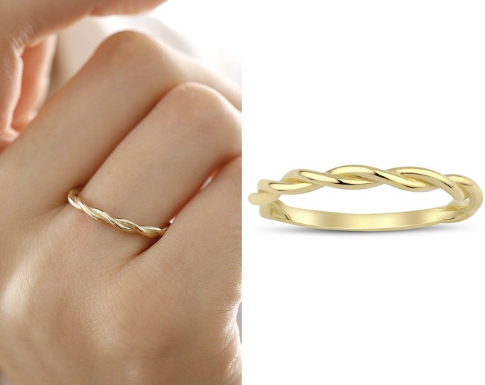 14k Gold Twist Shaped Ring  | Curved Rope Stackable Rings, Minimalist Jewelry, Boho Style, Valentines Day Gift, Christmas Gift, Gift for Her