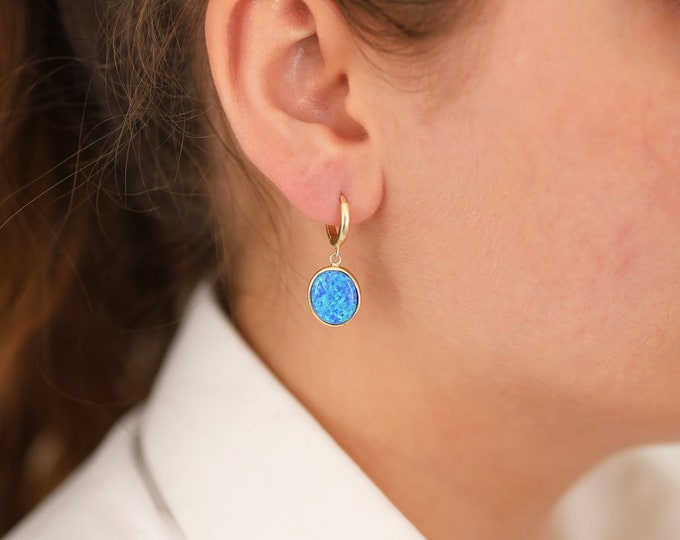 14k Gold Blue Opal Earrings | October Gemstone, Libra Zodiac Sign Jewelry, Handmade Earrings, Open Chakra, Dainty Earrings, Anniversary Gift