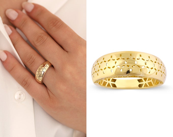 14k Gold Engraved Design Ring | Chunky Oval Statement Ring, Bold Fore Finger Ring, Shiny Dome Ring, Chic Design, Anniversary Gift, Mom Gift