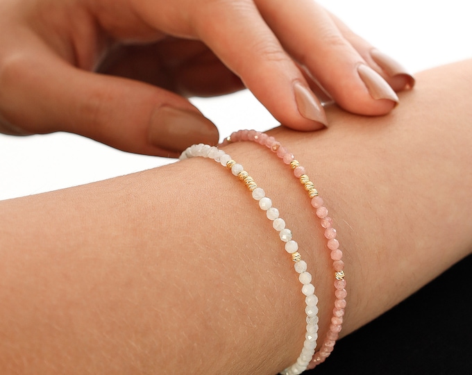 Moonstone Bracelet with 14k Gold Beads | Opalescent Stone Bracelet, White Natural Stone Bracelet, Healing Stone, Chic Jewelry, Gift for Her