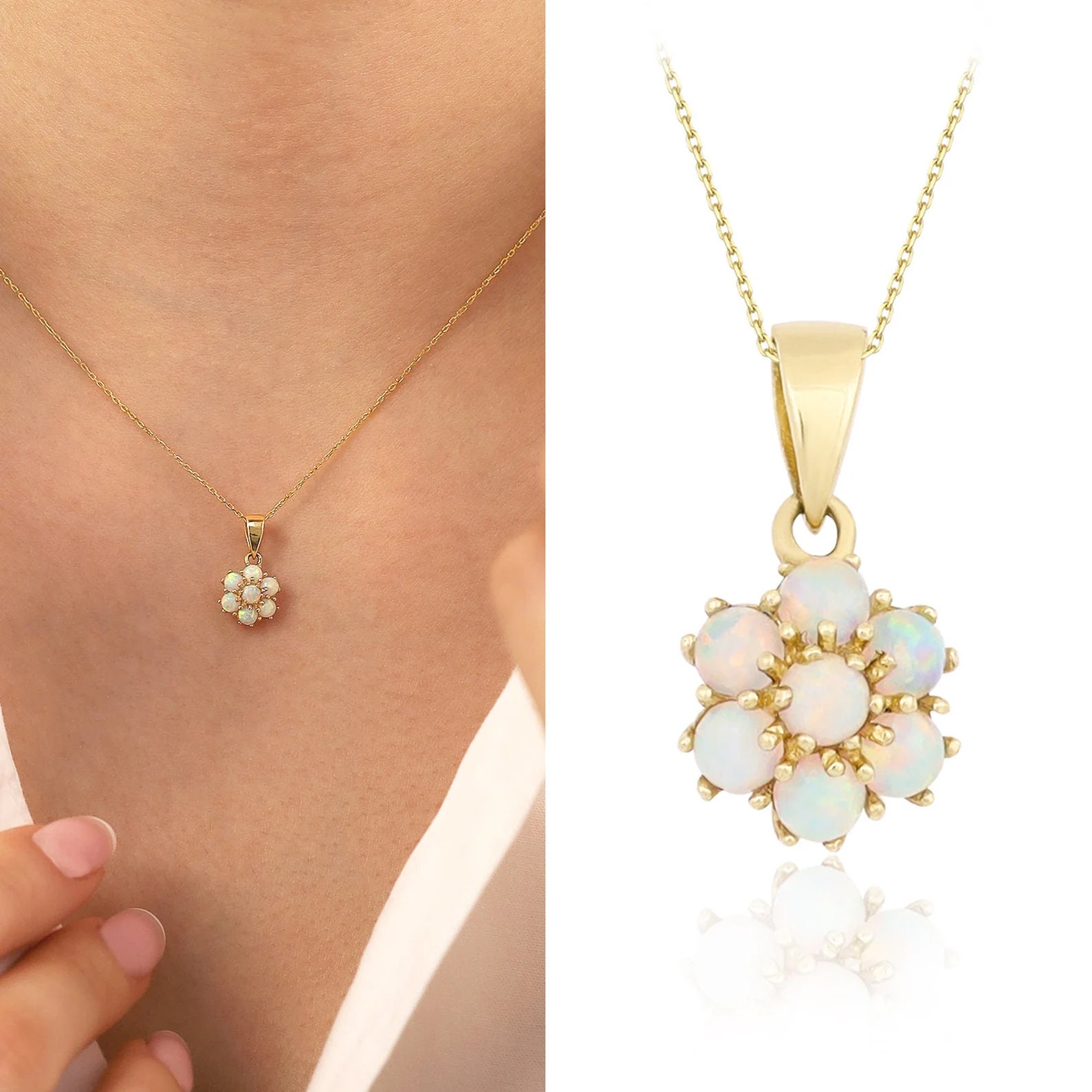 14K Gold White Opal Flower Necklace