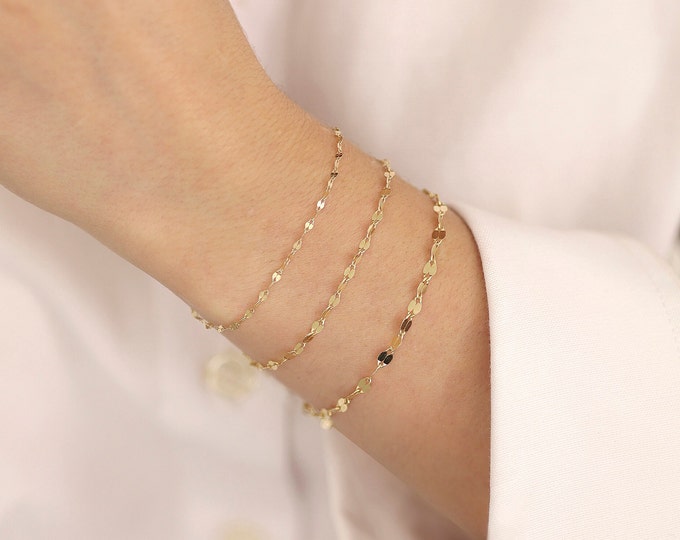14k Gold Sequin Chain Bracelet | 2mm Boomerang Chain Bracelet, Dainty & Shiny Chain, Minimalist Handmade Real Gold Bracelet, Sparkle Chain
