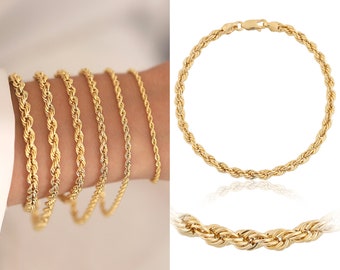 14k Gold 4.5mm Rope Chain Bracelet | Retro Unisex Twisted Chain Bracelet, Vintage Design Jewelry, Gift for Boyfriend, Gift for Girlfriend