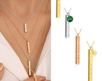 14k Gold Vertical Bar Necklace | Personalized with Location, Date Engraved Necklace, Family Name Necklace, Thin Bar Pendant, Gift for Mother