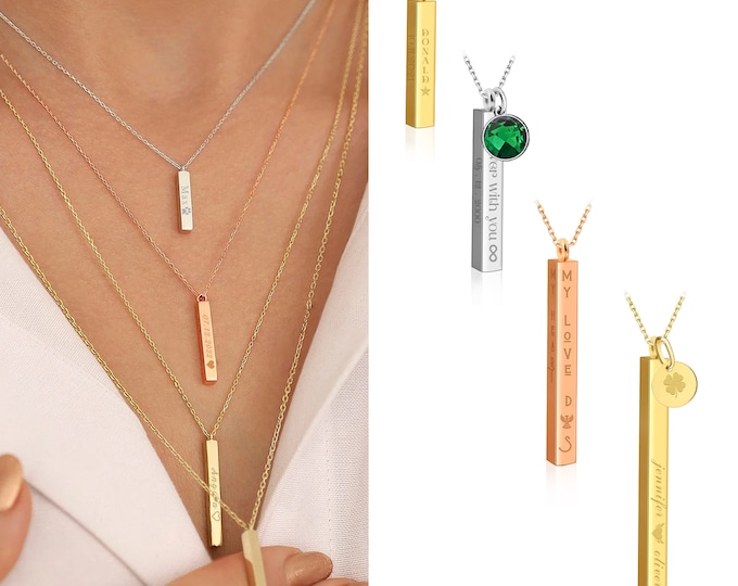 14k Gold Vertical Bar Necklace | Personalized with Location, Date Engraved Necklace, Family Name Necklace, Thin Bar Pendant, Gift for Mother