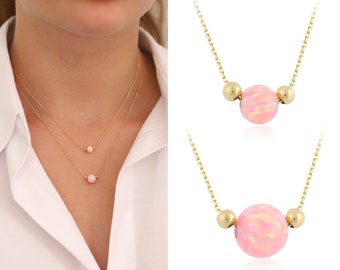 14K Gold Pink Opal Necklace |  White & Blue Round Opal Necklace, October Birthstone, Libra Birthstone, Zodiac Jewelry, Birthday Gift for Her