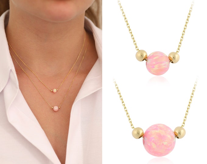 14K Gold Pink Opal Necklace |  White & Blue Round Opal Necklace, October Birthstone, Libra Birthstone, Zodiac Jewelry, Birthday Gift for Her