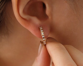 14k Gold Hoop Earrings | Prong Setting Full Eternity Earrings