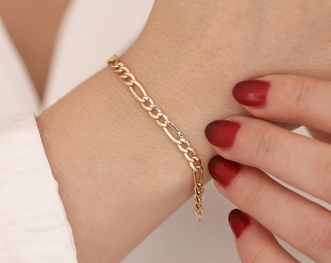 14k Gold 4mm Figaro Chain Bracelet | Figaro Chain Link Bracelet, Shiny Cuban Chain, Bold Unisex Chain, Stacking Jewelry, Gift for Girlfriend