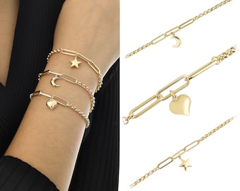 14k Gold Rolo Link & Paperclip Bracelet w/ Puffy Heart Charm | Minimal Chain, Love Symbol 3D Charm as Special Day Gift, Gift for Family