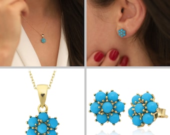Hexagon Flower Turquoise Necklace | 14k Gold Honeycomb Blue Turquoise Dainty Pendant | December Birthstone Gem, Turquoise Earrings Set