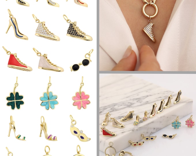 14k Gold Charms for Necklaces & Bracelets | Creative Charms for Jewelry, Heels Charm Necklace, Clover Charm for Bracelet, Charm Jewelry Gift