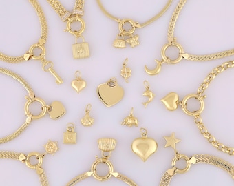 14k Gold Charms | Heart, Star, Padlock, Elephant Key Charm for Bracelet Gift