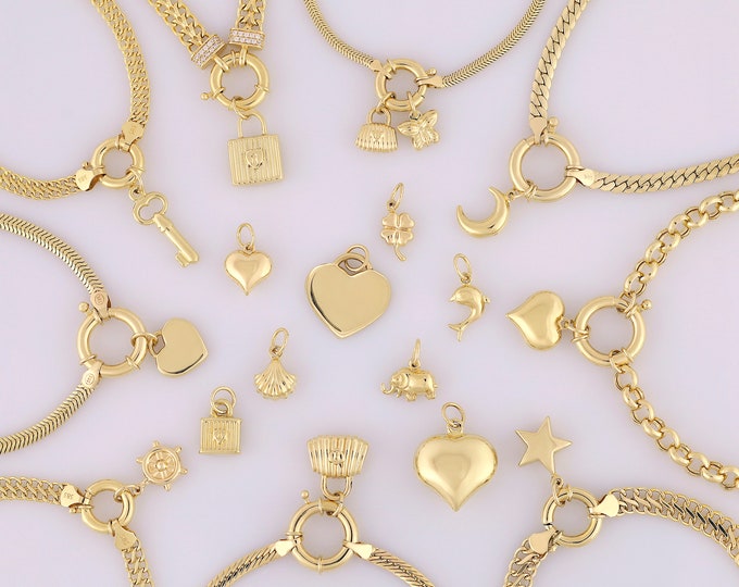 14k Gold Charms for Bracelet & Necklace | Heart Charms, Key, Padlock, Star, Elephant Charms, Dainty Jewelry, Birthday Gift, Gift for Her