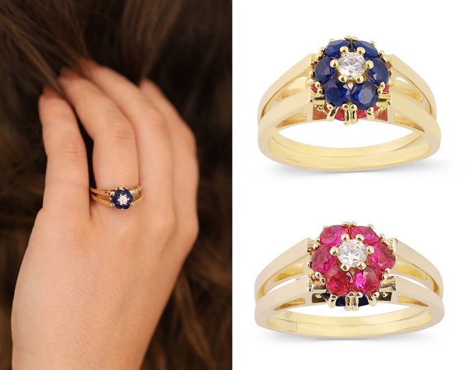 14k Gold Lapis Lazuli & Pink Ruby Reversible Ring | Flower Gemstone Ring, Two in One Ring, Hexagon Shaped 2 Stone Ring, Gift for Her