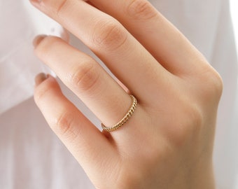 14k Gold Herringbone Ring | Curb Chain Eternity Band Stackable Promise Jewelry