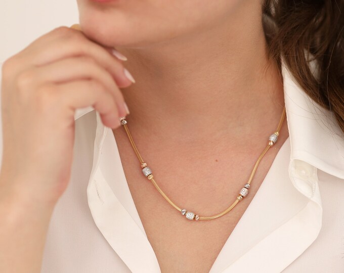 14K Gold Laser Cut Beaded Franco Mesh Chain Necklace | Italian Tube Chain with CZ Dorica Ball Jewelry, Gift for Women, Anniversary Gift