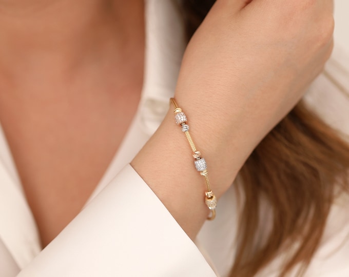 14K Gold Italian Tube Chain & Laser Cut Beaded Bracelet |  Franco Mesh Chain w/ CZ Gemstone Jewelry, Thin Bracelet, Graduation Gift