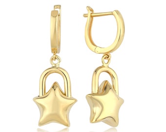 14k Gold Star Shaped Padlock Dangle Earrings | Latch Back, English Lock, Puffy Heart Earrings, Gold Lock Drop Earrings | Gift for Her