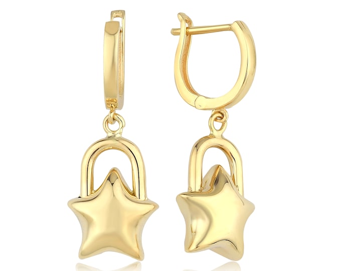 14k Gold Star Shaped Padlock Dangle Earrings | Latch Back, English Lock, Puffy Heart Earrings, Gold Lock Drop Earrings | Gift for Her